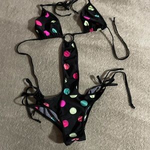 Chynna Dolls one piece swimsuit black colorful polka dots